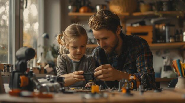 Creating Lasting Memories While Building Toys in a Cozy Workshop With Dad and Daughter photo