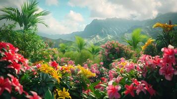 A Lush Tropical Paradise Blooms Under A Vibrant Sky Surrounded By Majestic Mountains At Dawn photo