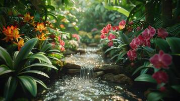 Glistening Stream Surrounded by Lush Tropical Flowers in a Serene Jungle Oasis During Golden Hour photo