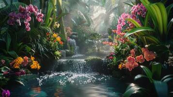 A Vibrant Tropical Paradise With Flowing Water and Colorful Orchids in a Lush Jungle photo