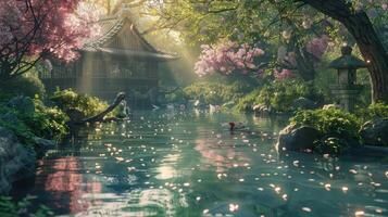 Enchanted Garden Retreat Amidst Blossoming Cherry Trees on a Serene Morning photo