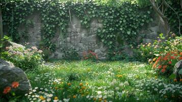 A Serene Garden Blooms With Colorful Flowers and Lush Greenery at Midday Amidst Ancient Stone Walls photo