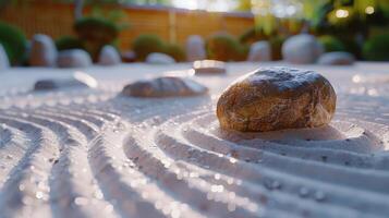 Tranquil Zen Garden at Sunrise With Raked Sand Patterns and Natural Stones photo