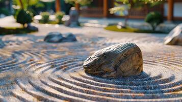 Serenity In A Traditional Japanese Zen Garden With Raked Sand And Smooth Rocks photo