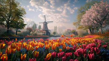 Vibrant Tulip Fields Blooming Near a Traditional Windmill Under a Beautiful Spring Sky in the Heart of Nature photo