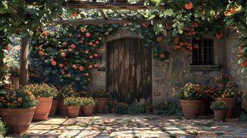 Charming Garden Pathway Adorned With Vibrant Orange Flowers and Rustic Wooden Door in Tranquil Afternoon Light photo