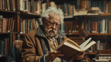 Elderly Man Immersed in a World of Books in a Cozy Library Setting photo