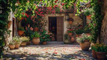 Charming Courtyard Awash in Colors of Nature Adorned With Vibrant Flowers and Terracotta Pots During a Serene Afternoon photo