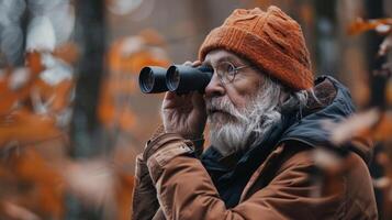 Elderly Man Observing Nature With Binoculars in a Vibrant Autumn Forest photo