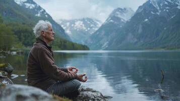 A Serene Elder Meditating Peacefully by the Tranquil Lake Surrounded by Majestic Mountains on a Calm Cloudy Morning photo