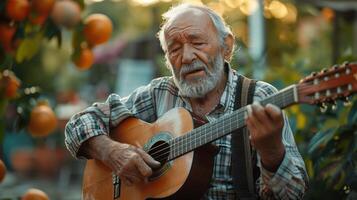 An Elderly Musician Serenades Nature Under the Warm Glow of Sunset While Surrounded by Vibrant Oranges photo