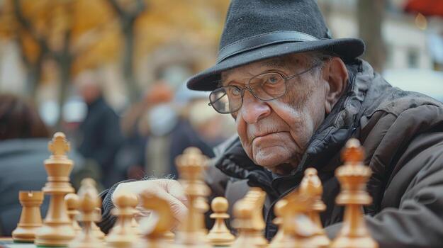 Elderly Man Deep in Thought Strategizing His Next Move at a Park Chess Table on a Crisp Autumn Day photo