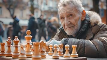 Leisurely Chess Match in the Park on a Crisp Autumn Afternoon With an Elderly Man Deep in Thought photo