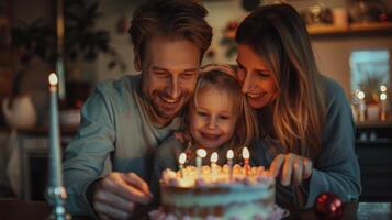 Joyful Family Celebration With Birthday Cake and Candles at Home During Cozy Evening Together photo