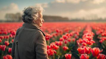A Serene Moment in a Vibrant Tulip Field at Dusk With a Thoughtful Elderly Woman in Spring photo