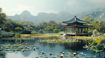 Serene Traditional Pavilion Amidst Lush Lotus Pond Under Glistening Morning Light in a Mountainous Landscape photo