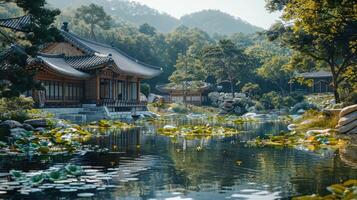 Tranquil Reflections of Traditional Architecture by a Serene Pond in a Lush Mountain Landscape During Late Afternoon photo