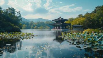 Serene Autumn Reflections on a Tranquil Lake With Traditional Pavilion Surrounded by Lush Greenery and Blooming Lotus Flowers photo