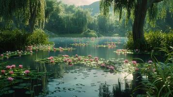 A Serene Morning at the Tranquil Water Lily Lake Surrounded by Lush Greenery and Dappled Sunlight photo