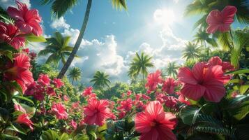 A Lush Tropical Paradise Flourishing With Vibrant Pink Hibiscus Amidst Majestic Palm Trees Under a Bright Blue Sky photo