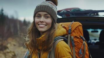 Adventurous Spirit Embarks on a Mountain Trail With Backpack at Dawn photo