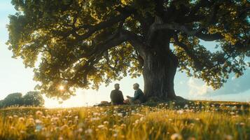 Two Friends Enjoying a Peaceful Afternoon Beneath a Grand Old Tree Surrounded by Wildflowers on a Sunny Day photo