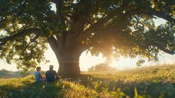 A Romantic Scene Under A Majestic Tree At Sunset In A Serene Meadow photo