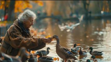 Elderly Woman Feeding Ducks by Serene Pond Surrounded by Autumn Leaves at Golden Hour photo