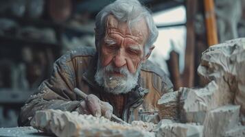 Master Craftsman Sculpting Intricate Details From Stone in a Rustic Workshop photo