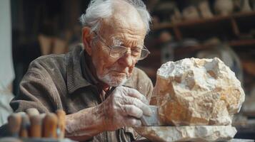 An Elderly Artisan Skillfully Chiseling Stone in a Cozy Workshop During Late Afternoon Light photo