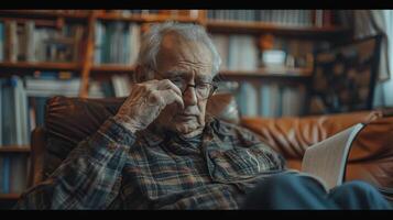 Elderly Man Sitting Comfortably in Cozy Library Reading a Book on a Quiet Sunday Afternoon photo