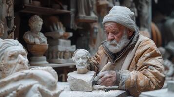 Master Artisan Sculpting Intricate Busts in a Rustic Workshop Surrounded by Timeless Creations photo