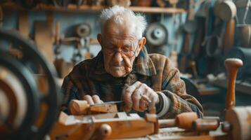 Master Craftsman in Rustic Workshop Carving Wooden Crafts at Dawn photo