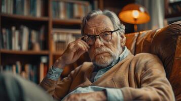 Wise Elderly Man Deep in Thought While Relaxing in Cozy Library During Golden Hour photo