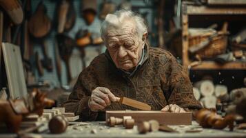 A Master Craftsman Creates Intricate Wooden Pieces in His Rustic Workshop at Dawn photo
