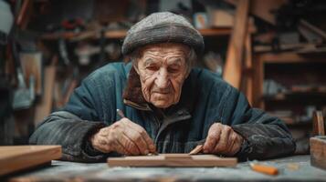 Skilled Craftsman Carving Intricate Designs in Wood Inside a Rustic Workshop During Daylight Hours photo