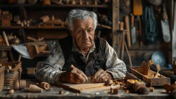 An Elderly Artisan Crafts Intricate Woodwork in a Rustic Workshop Surrounded by Timeless Tools and Natural Light photo