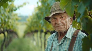 Elderly Vineyard Keeper Smiling Among Lush Grapevines Under Sunlit Skies in Summer Harvest Season photo