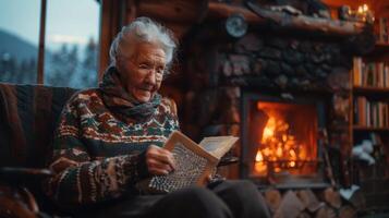 Cozy Winter Evening By the Fire With an Elderly Woman Reading in a Cabin photo