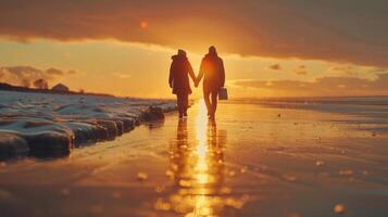 Romantic Evening Stroll Along A Serene Beach At Sunset Holding Hands Together photo