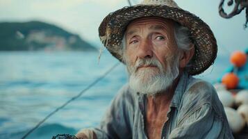 An Elderly Fisherman Contemplates Life While Hauling Nets in Tranquil Coastal Waters at Sunset photo