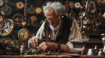 An Elderly Watchmaker Dedicates His Day to Crafting Timeless Masterpieces in a Cozy Workshop photo