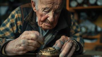 Elderly Artisan Carefully Engaging in Intricate Clock Restoration in a Cozy Workshop During Late Afternoon photo