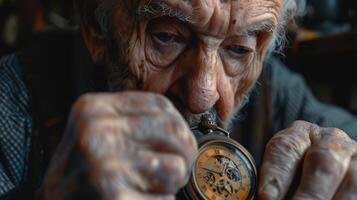 Intricate Craftsmanship on Display as an Elderly Artisan Repairs a Vintage Pocket Watch in His Rustic Workshop photo