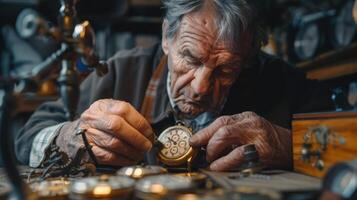 Artisan Clockmaker Carefully Restores Vintage Timepieces in Cozy Workshop Filled With Antique Instruments During Late Afternoon photo