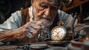 Master Clockmaker Restores Vintage Timepieces in Cozy Workshop at Dusk photo