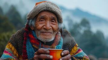 Old Man Smiling With a Warm Drink Surrounded by Majestic Mountains at Dawn photo