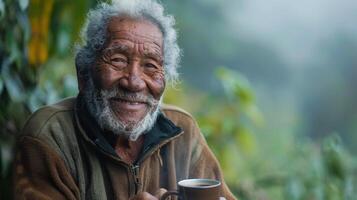 Joyful Elder Sipping Warm Beverage Amidst Serene Nature in Early Morning Light photo