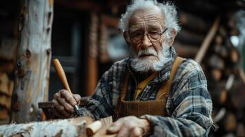 Artisan Crafting Beautiful Wooden Sculpture in Rustic Workshop Surrounded by Nature at Golden Hour photo