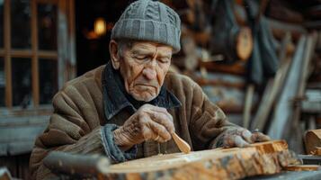 Elderly Artisan Skillfully Carving Wood by Hand in a Rustic Workshop at Dusk photo